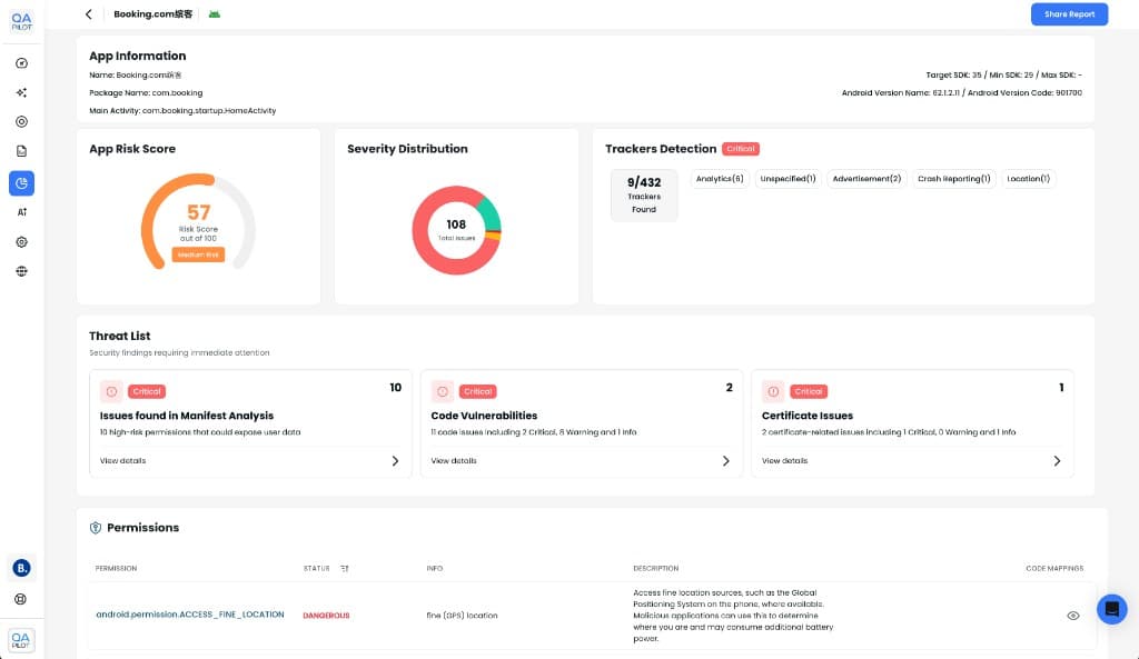 Security report overview in QApilot showing issues, severity, and context