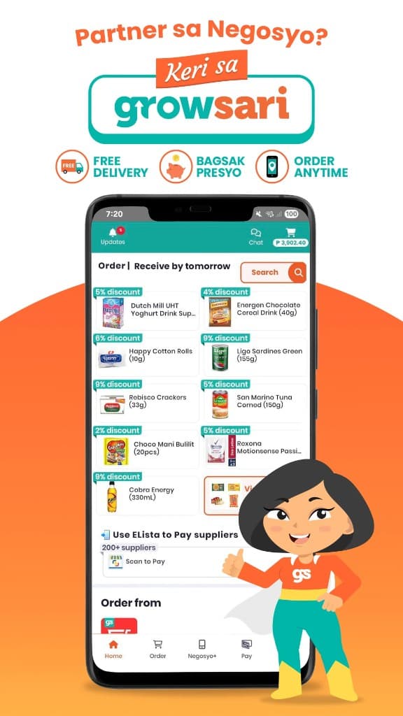 GrowSari mobile commerce app with product catalog, cart, and partner benefits