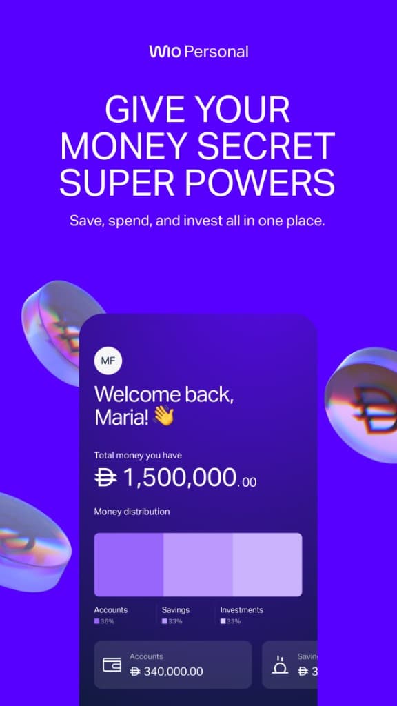 Wio Personal app showing total balance, accounts, savings, and investments