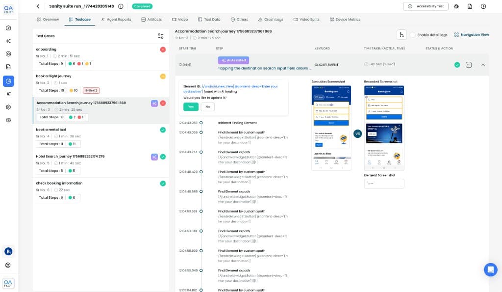 Execution report showing healed steps and AI-assisted markers in QApilot