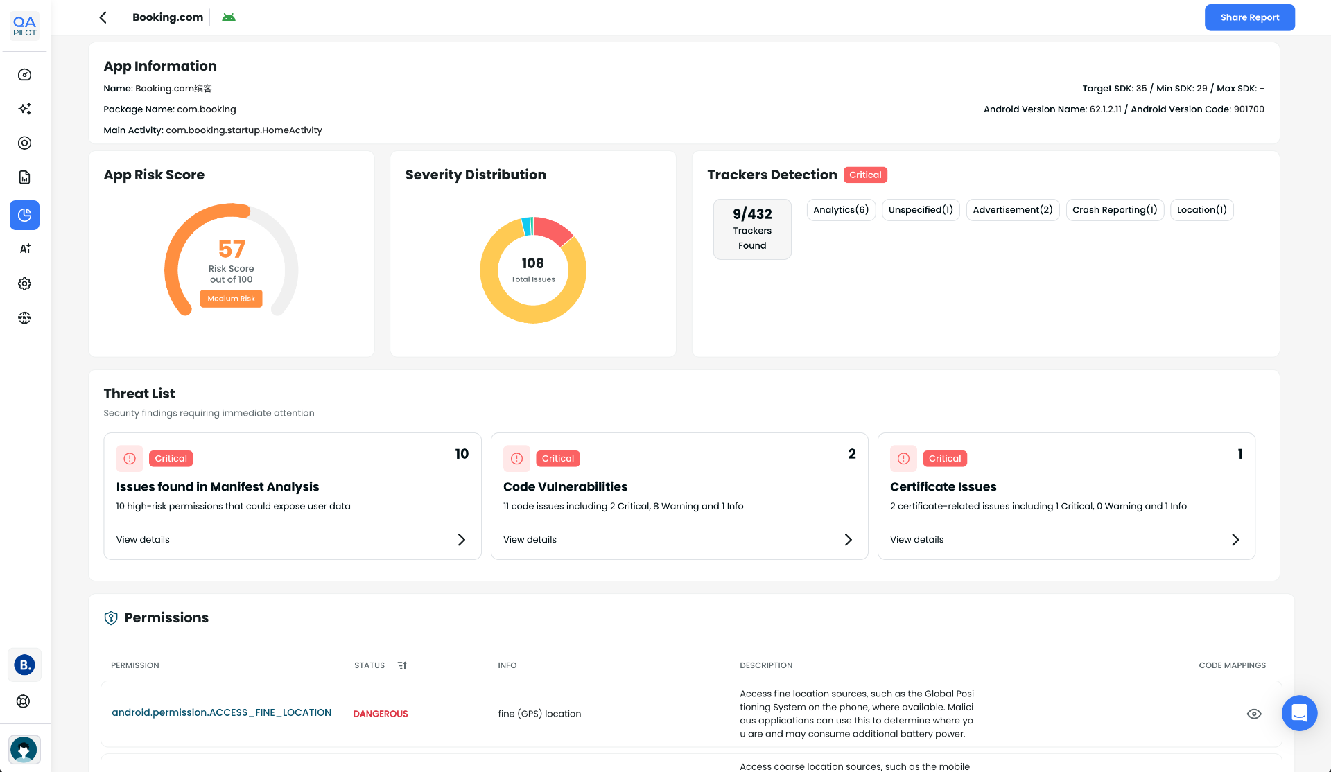 Mobile App Security Vulnerability Report - QApilot QApilot mobile app security report showing risk score, vulnerability severity distribution, tracker detection, and threat analysis for release sign-off