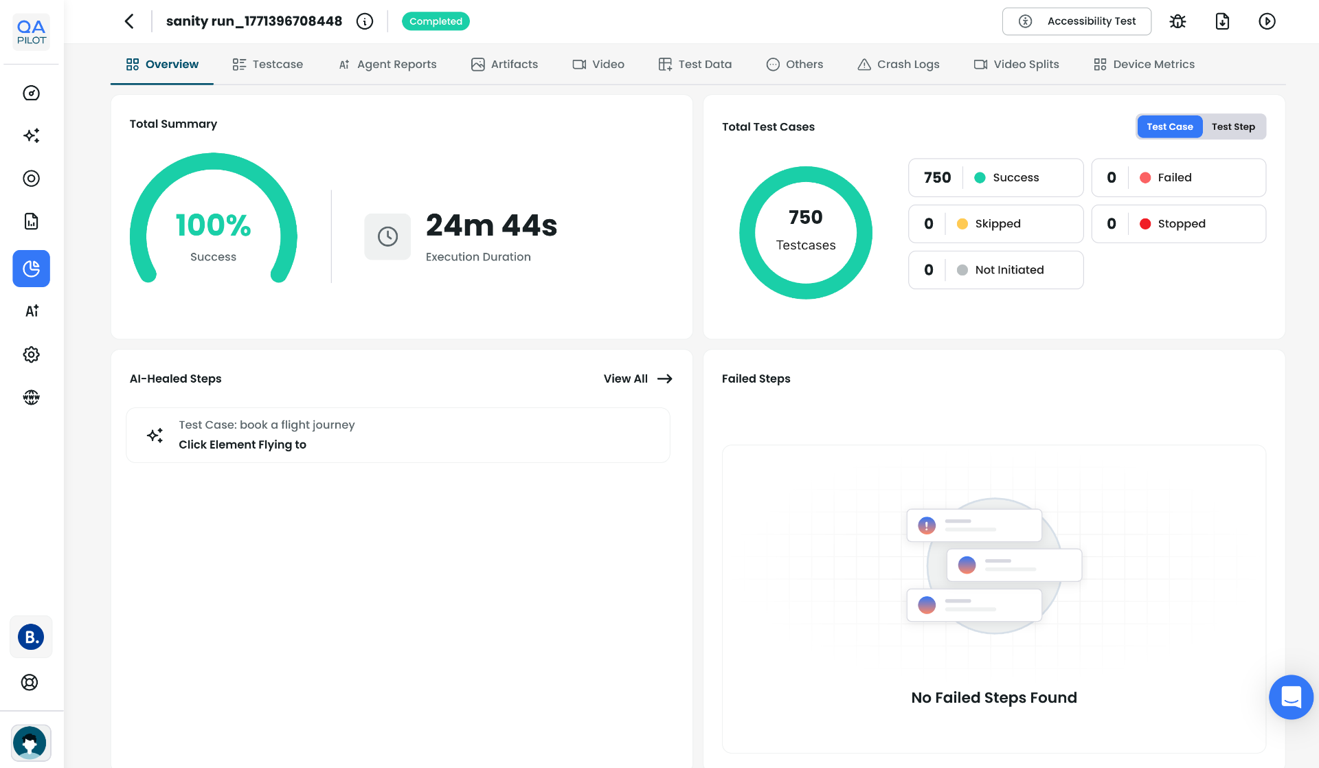 QApilot Release Dashboard - Mobile App Test Execution Results QApilot release manager dashboard showing 100% test success rate across 750 test cases with AI-healed steps and execution insights for mobile app release sign-off